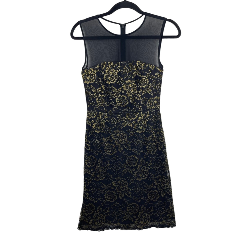 Diane Von Furstenberg Nisha Floral Sheath Black Gold Nylon Metallic Lined Silk